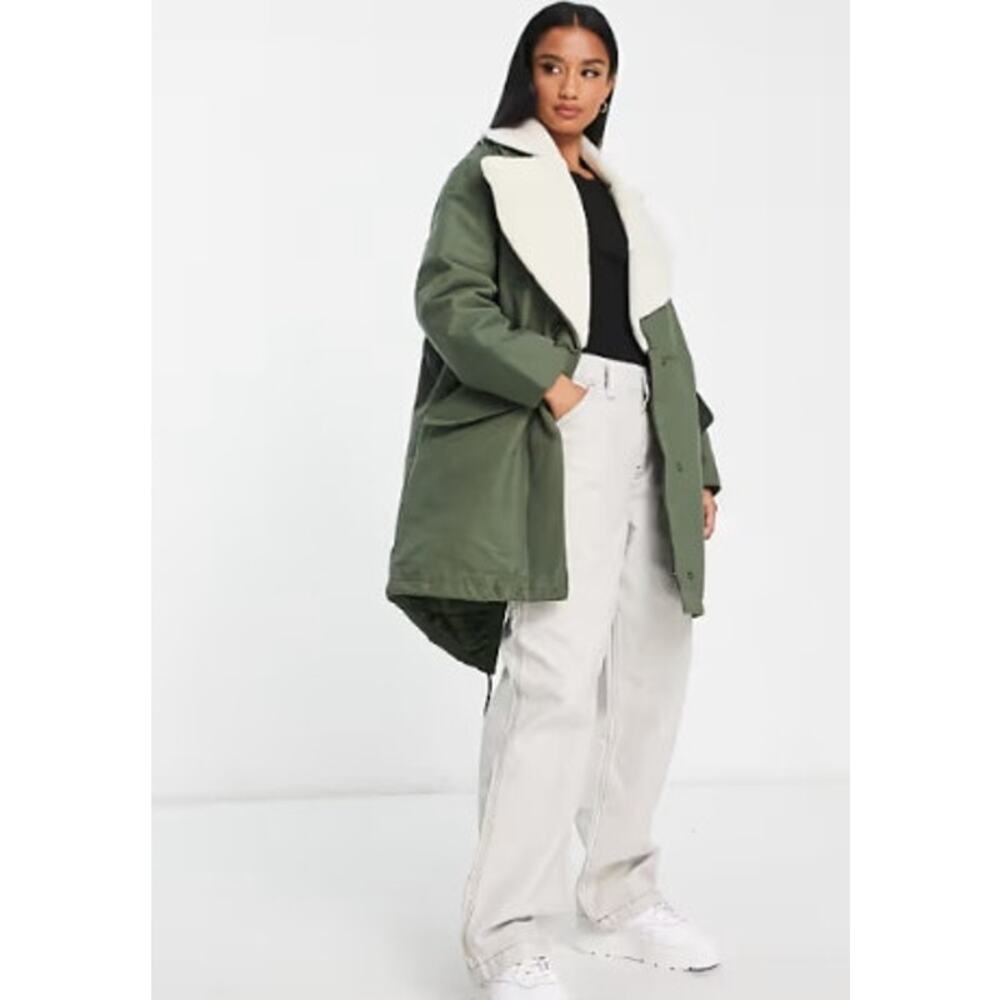 New NWT ASOS Quilt Lined‎ Parka Coat With Borg Collar In Olive Size 8